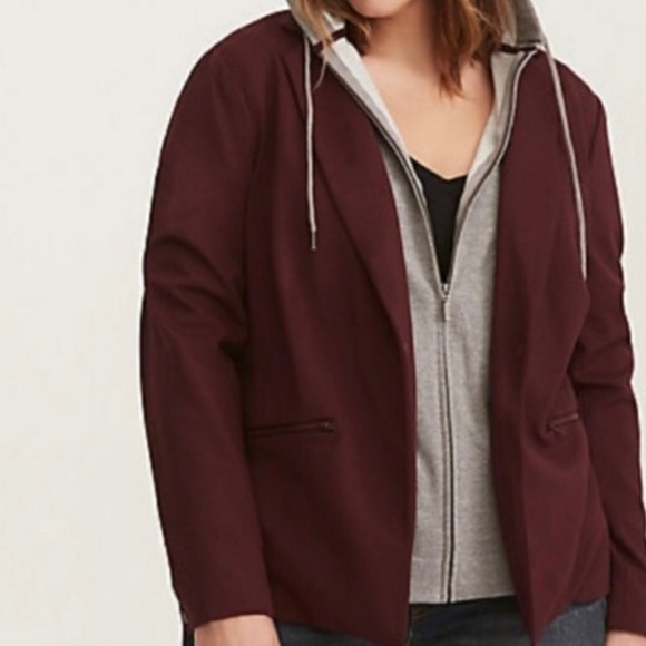 𝅺Torrid Burgundy Wine & Gray Layered Look Front Zippered Sweatshirt/Hoodie 2z - Picture 1 of 7